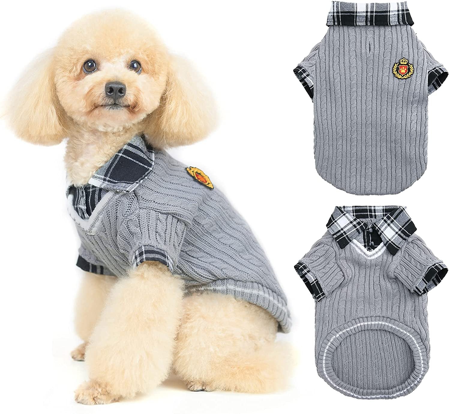 PUPTECK Soft Warm Dog Sweater Cute Knitted Dog Winter Clothes Classic Plaid Dog Coats for Cats Small Medium Puppy Dogs Animals & Pet Supplies > Pet Supplies > Dog Supplies > Dog Apparel PUPTECK Grey XS: chest girth: 15", back length: 10" 