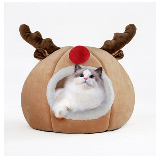 Stibadium Christmas Reindeer Shape Pet Bed Warm Cave Animal Kitten Nest Sleeping Bed Puppy House for Cats and Small Dogs Animals & Pet Supplies > Pet Supplies > Cat Supplies > Cat Beds Stibadium S(13.78"*11.81")  