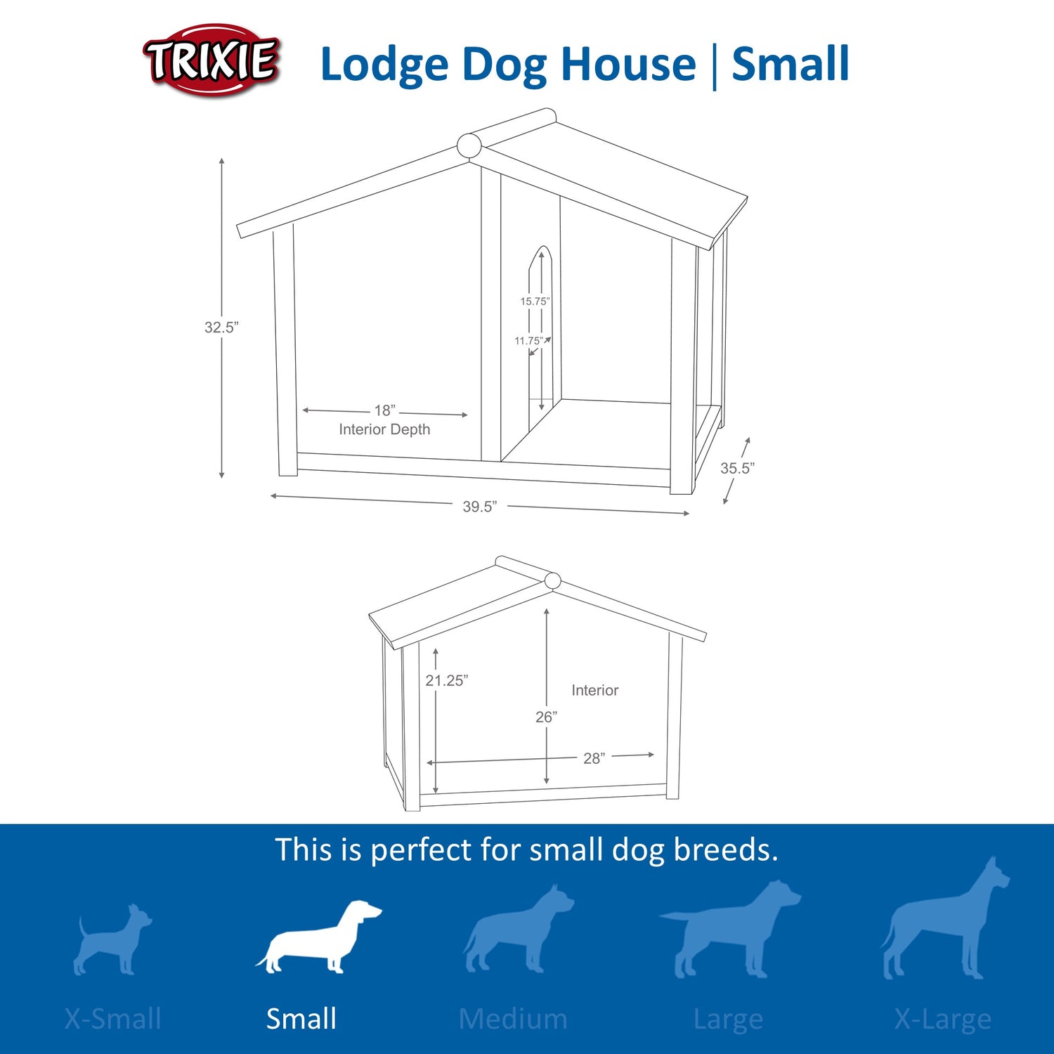 TRIXIE Natura Lodge Dog House, Covered Porch, Hinged Roof, Adjustable Legs, Brown, Small