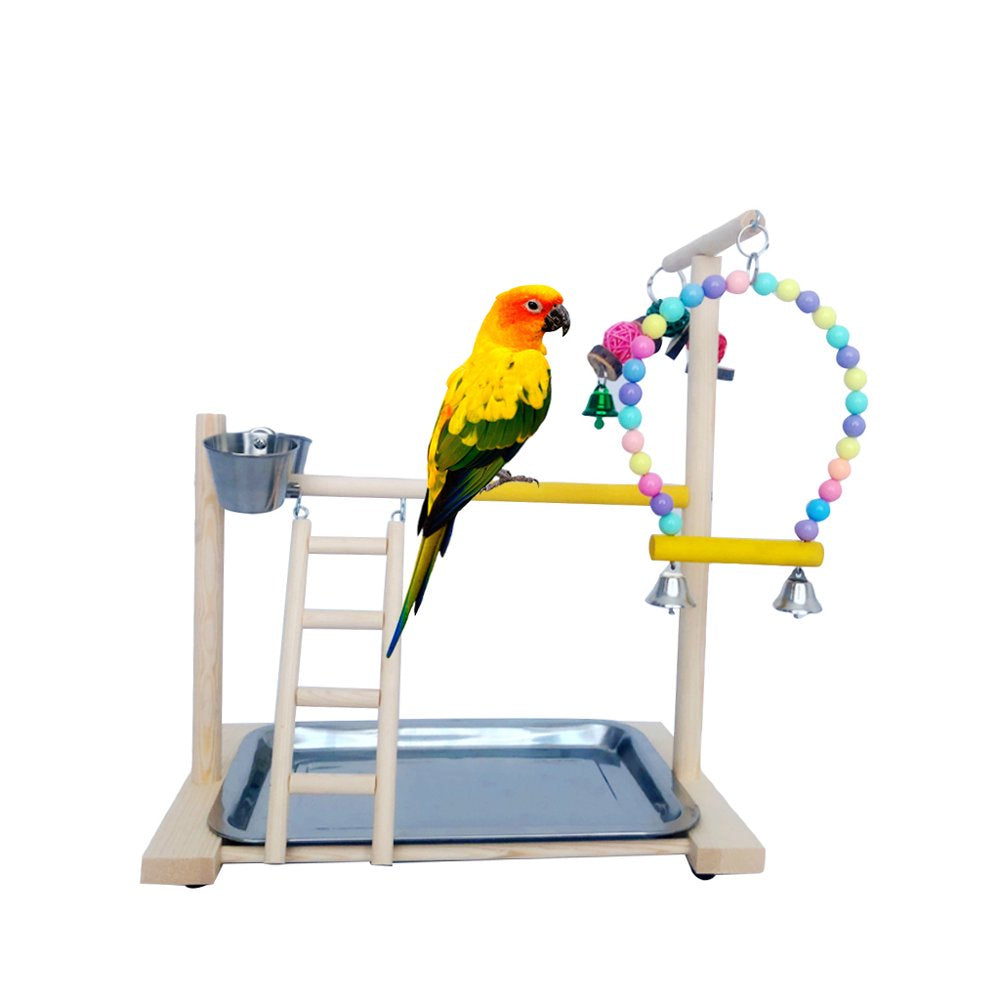 BYDOT Wooden Bird Perch Stand Parrot Platform Playground Exercise Gym Playstand Ladder Interactive Toys with Feeder Cups Animals & Pet Supplies > Pet Supplies > Bird Supplies > Bird Gyms & Playstands BYDOT   