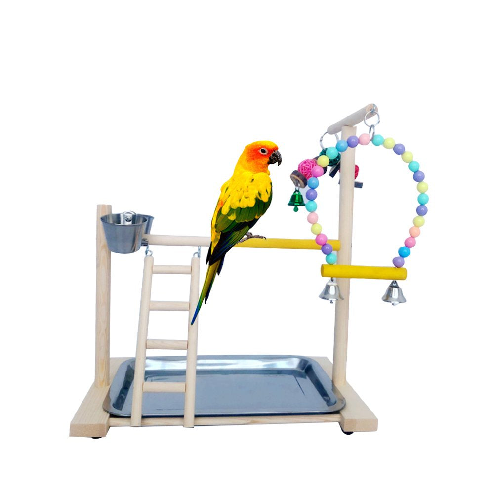 BYDOT Wooden Bird Perch Stand Parrot Platform Playground Exercise Gym Playstand Ladder Interactive Toys with Feeder Cups