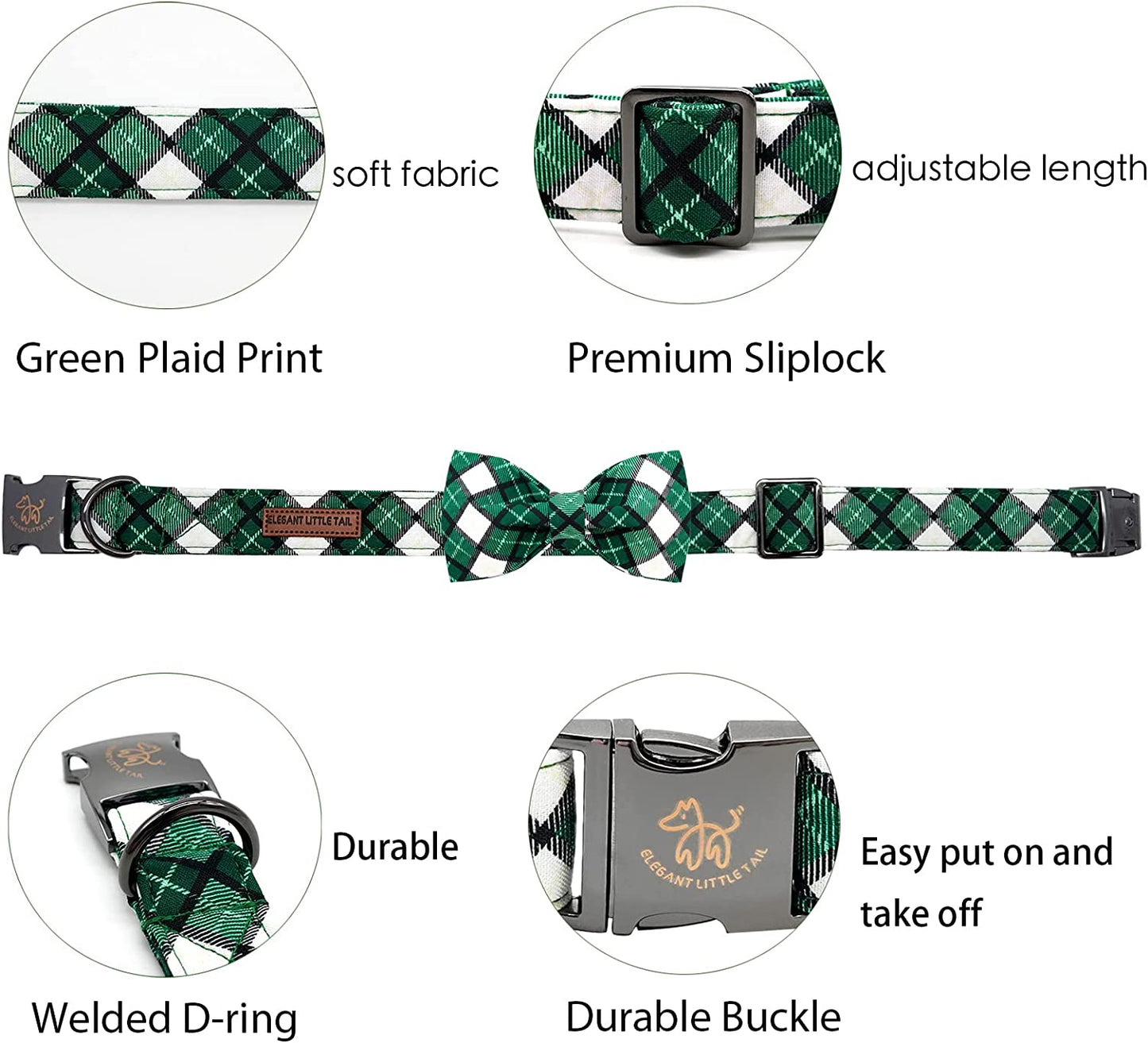 Elegant Little Tail St. Patrick'S Day Dog Collar, Dog Collar with Bow, Green Grid Dog Collar Pet Gift Dog Bowtie Adjustable Dog Collar for Medium Dogs Animals & Pet Supplies > Pet Supplies > Dog Supplies > Dog Apparel Elegant little tail   