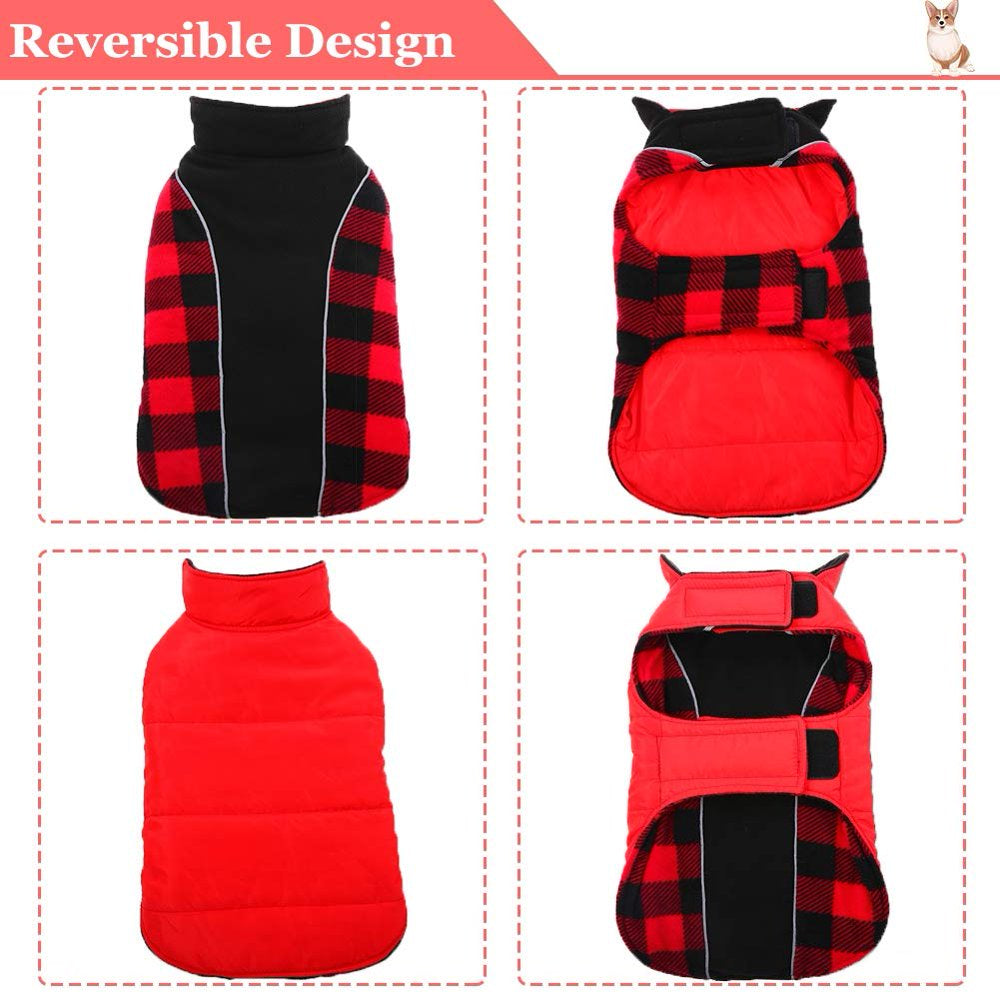 Qbleev Reversible Dog Winter Coat Cold Weather Jacket for Large Medium Dogs，Windproof Waterproof British Plaid Warm Dog Vest Clothes，Pet Cozy Fleece Apparel for Samoyed Golden Retriver Husky Labrador Animals & Pet Supplies > Pet Supplies > Dog Supplies > Dog Apparel QBLEEV   