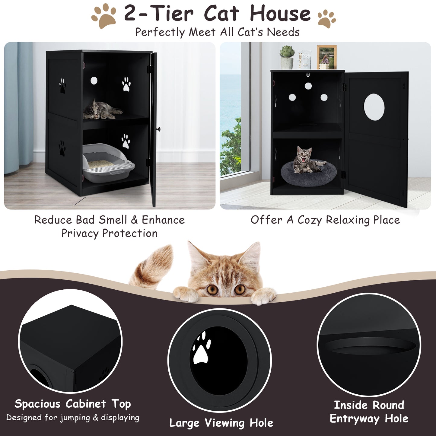 Infans 2-Tier Litter Box Enclosure Furniture Hidden Cat House W/ Anti-Toppling Device