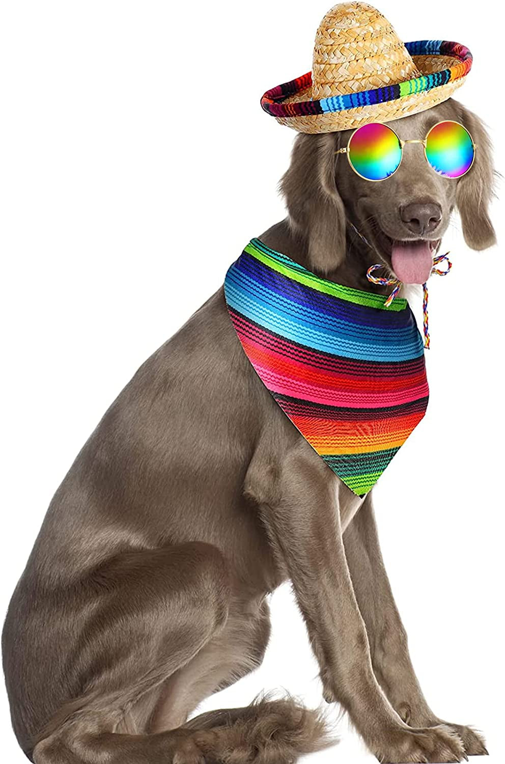 3 Pcs Mexican Dog Costume Include Multicolor Cinco De Mayo Dog Bandana Fiesta Dog Triangle Bib Mexican Dog Sombrero Hat round Sunglasses Costume for Dog Gifts Mexican Cinco De Mayo Party Decorations