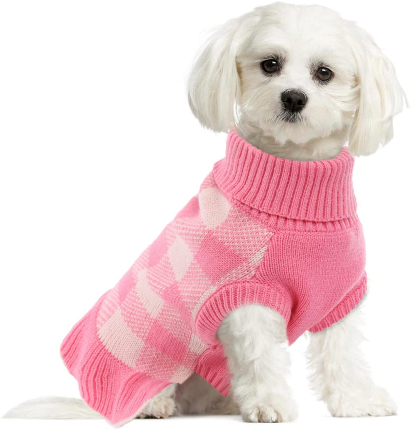 Dog Sweater Dress, Turtleneck Pullover Knitwear Warm Girl Dogs Coat for Fall Winter Cute Classic Plaid Pattern Princess Style Knit Clothes for Small Medium Female Dogs Puppy Leash Hole(Orange Blue) Animals & Pet Supplies > Pet Supplies > Dog Supplies > Dog Apparel LeLePet Pink X-Small 