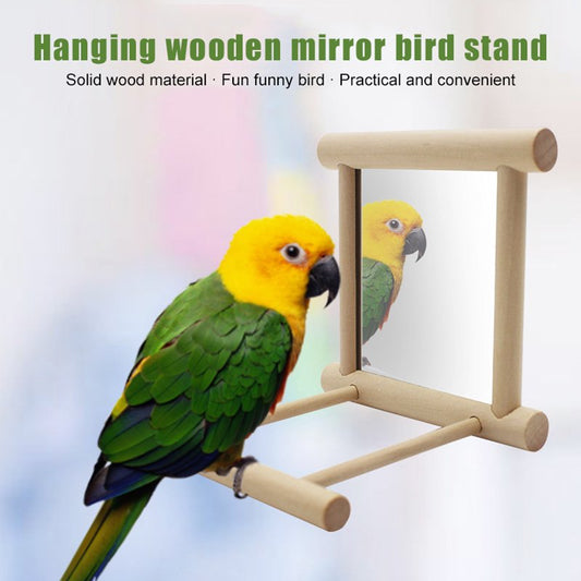 Birds Mirror Toy Parrots Hanging Swing Wooden Stand Bar for Pet Birds Cage Accessories