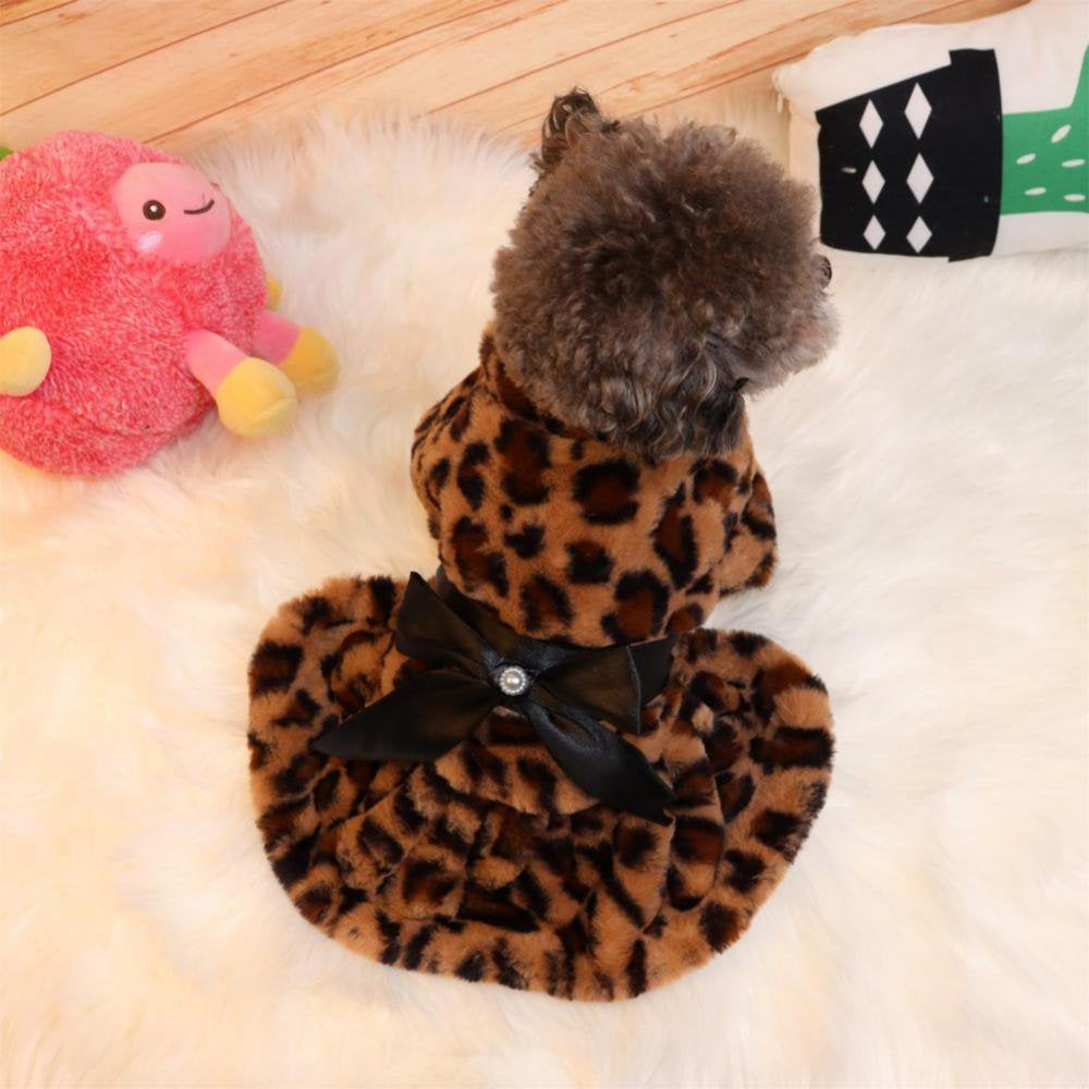 Hazel Tech Warm Pet Dog Dress Bowknot Leopard Dogs Skirt Fleece Soft for Small Puppy Dresses Pet Dog Cats Clothes Chihuahua Pug Apparel Animals & Pet Supplies > Pet Supplies > Cat Supplies > Cat Apparel Hazel Tech   