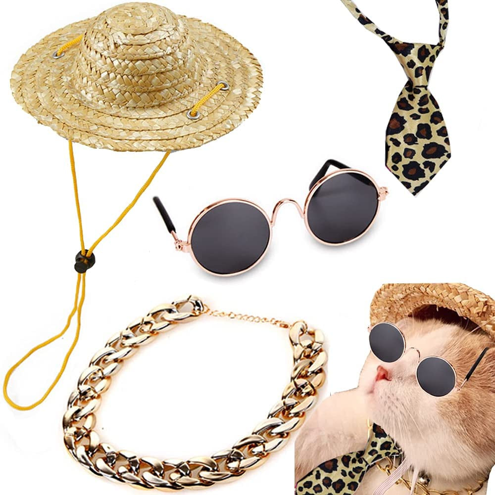 4Pcs Cat Glasses Cat Gold Chain Necktie and Straw Hat, Fashion Cool Pet Sunglasses Adjustable Pet Gold Chain Set Classic Funny Pet Accessories for Cats and Small Dogs Animals & Pet Supplies > Pet Supplies > Dog Supplies > Dog Apparel Yosbabe   