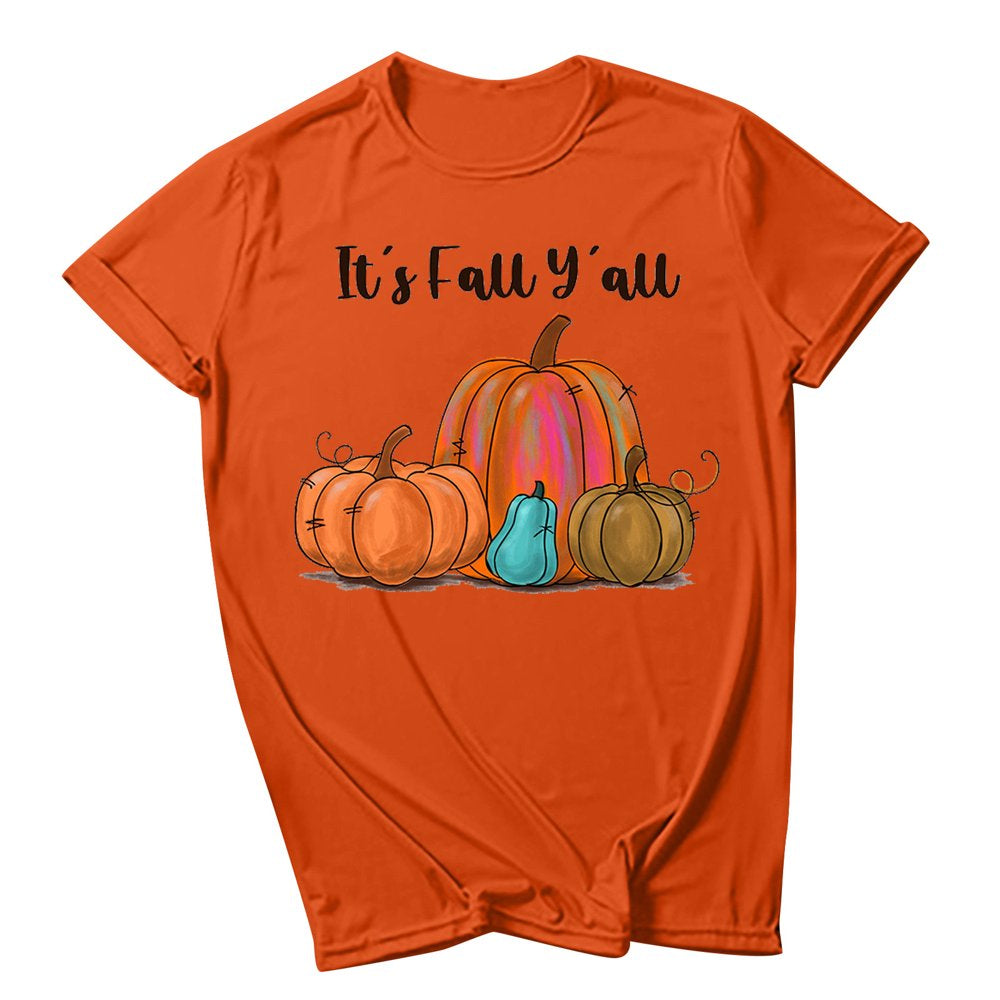It'S Fall Y'All Women Tops Short Sleeve Pumpkin Graphic Tees Shirts 2022 round Neck Cute T-Shirt Animals & Pet Supplies > Pet Supplies > Cat Supplies > Cat Apparel BRKEWI   