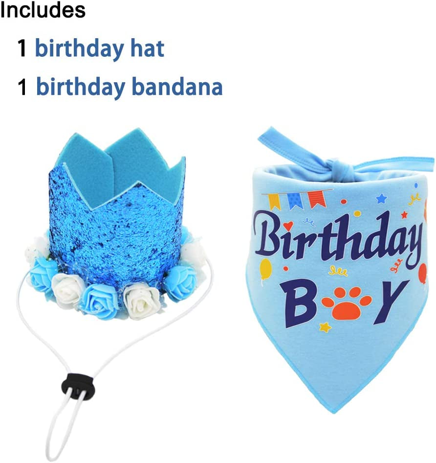 Dog Birthday Bandana Boy Scarf and Crown Dog Birthday Hat, Flower Headwear for Medium to Large Dogs Blue Animals & Pet Supplies > Pet Supplies > Dog Supplies > Dog Apparel Barleygoo   