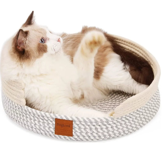 Number-One Cotton Thread Woven Cat Bed Big round Cat Woven Basket Bed,Cat Scratching Bed,Cat Rope Bed Nest for Summer and Winter Durable Pet Bed Basket