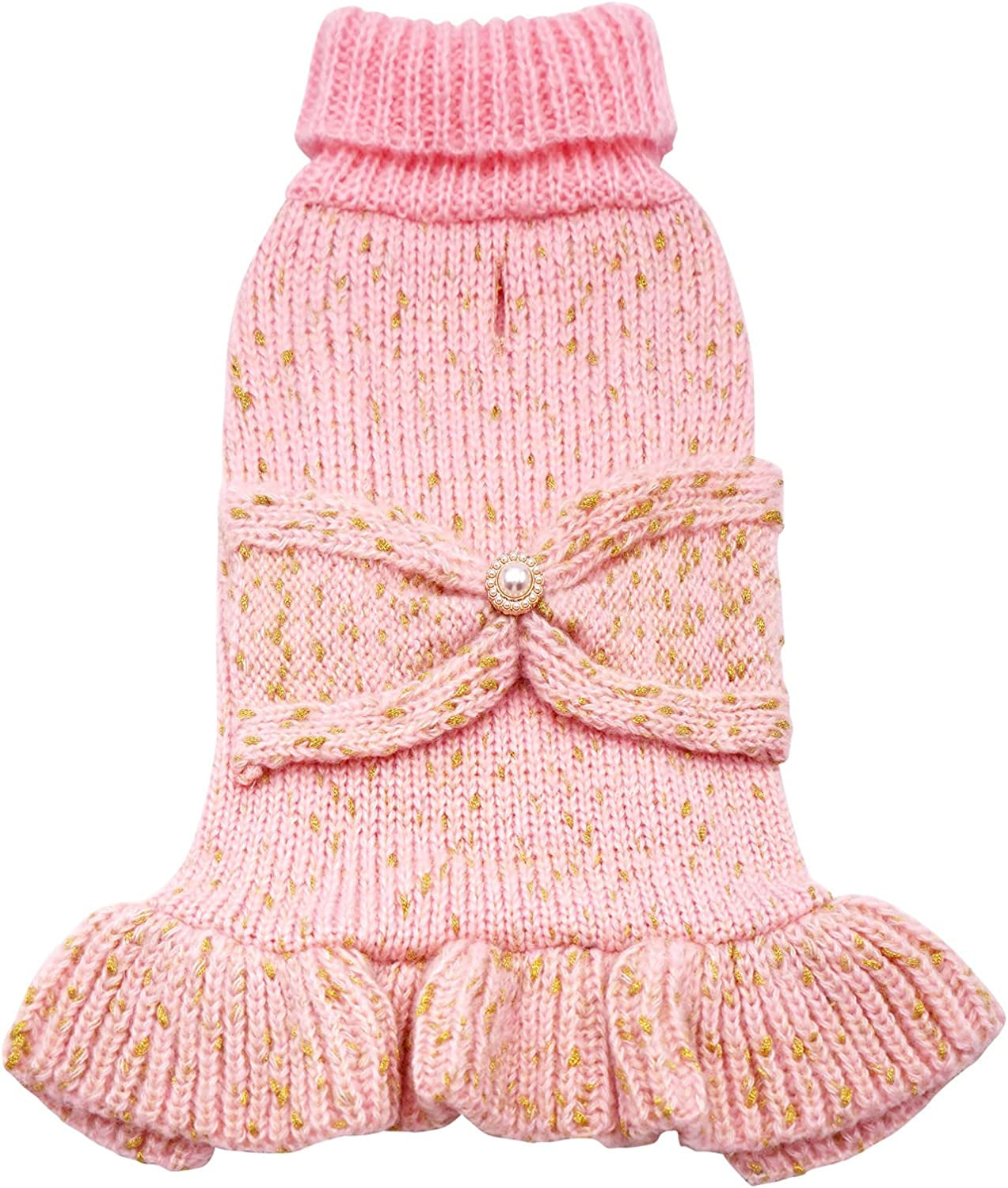 KYEESE Dog Sweater Dress with Golden Thread Turtleneck Dog Knitwear with Bowtie for Small Dogs Dog Coat Fall Winter, Beige,M Animals & Pet Supplies > Pet Supplies > Dog Supplies > Dog Apparel kyeese 1#Golden Thread (Pink) Large (11-19lbs) 