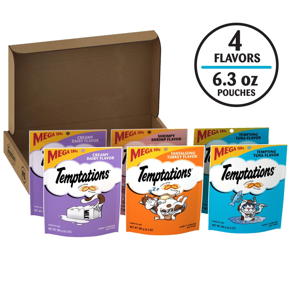 TEMPTATIONS Classic, Crunchy and Soft Cat Treats Variety Pack, Creamy Dairy Flavor, Tempting Tuna Flavor, Shrimpy Shrimp Flavor, and Tantalizing Turkey Flavor, (6) 6.3 Oz. Pouches Animals & Pet Supplies > Pet Supplies > Cat Supplies > Cat Treats Mars Petcare   