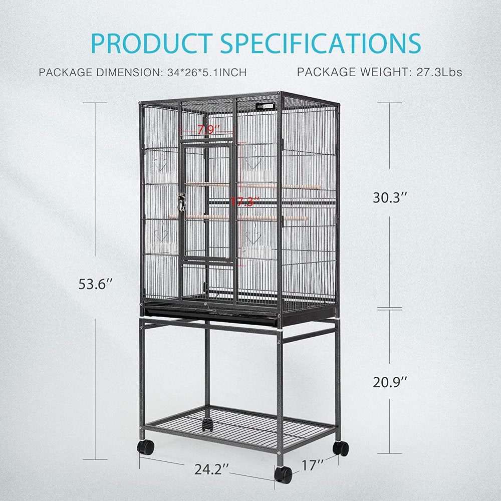 VIVOHOME 54 Inch Wrought Iron Large Bird Flight Cage with Rolling Stand for African Grey Parrot Cockatiel Sun Parakeet Conure Lovebird Canary Black Animals & Pet Supplies > Pet Supplies > Bird Supplies > Bird Cages & Stands VIVOHOME   