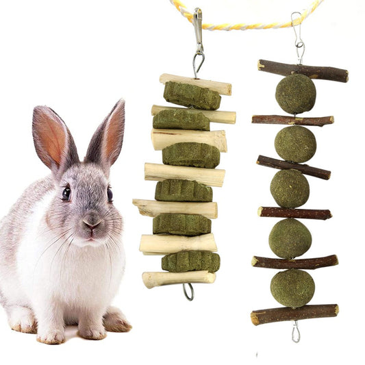 AURORA TRADE 2PCS Bunny Chew Toys, Rabbits Chewing Toys Chinchilla Treats Timothy Grass Ball Natural Apple Branches Sticks Dental Health for Guinea Pigs Hamster Squirrels Rat Gerbils Small Animal