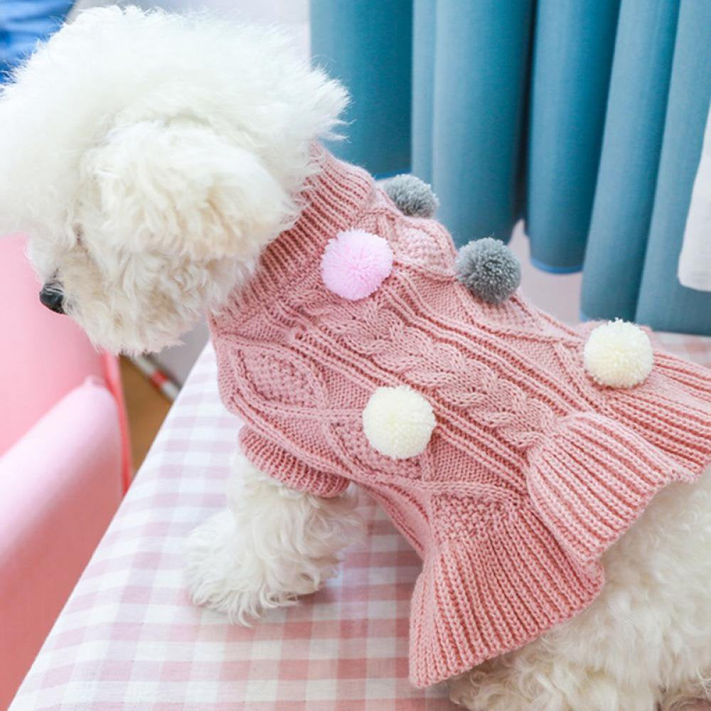 Dog Sweater Dress with Colorful Pom Pom Warm Knitwear Pullover Dog Skirt Puppy Princess Dress Apparel for Small Medium Dog and Cat Animals & Pet Supplies > Pet Supplies > Dog Supplies > Dog Apparel Popfeel   