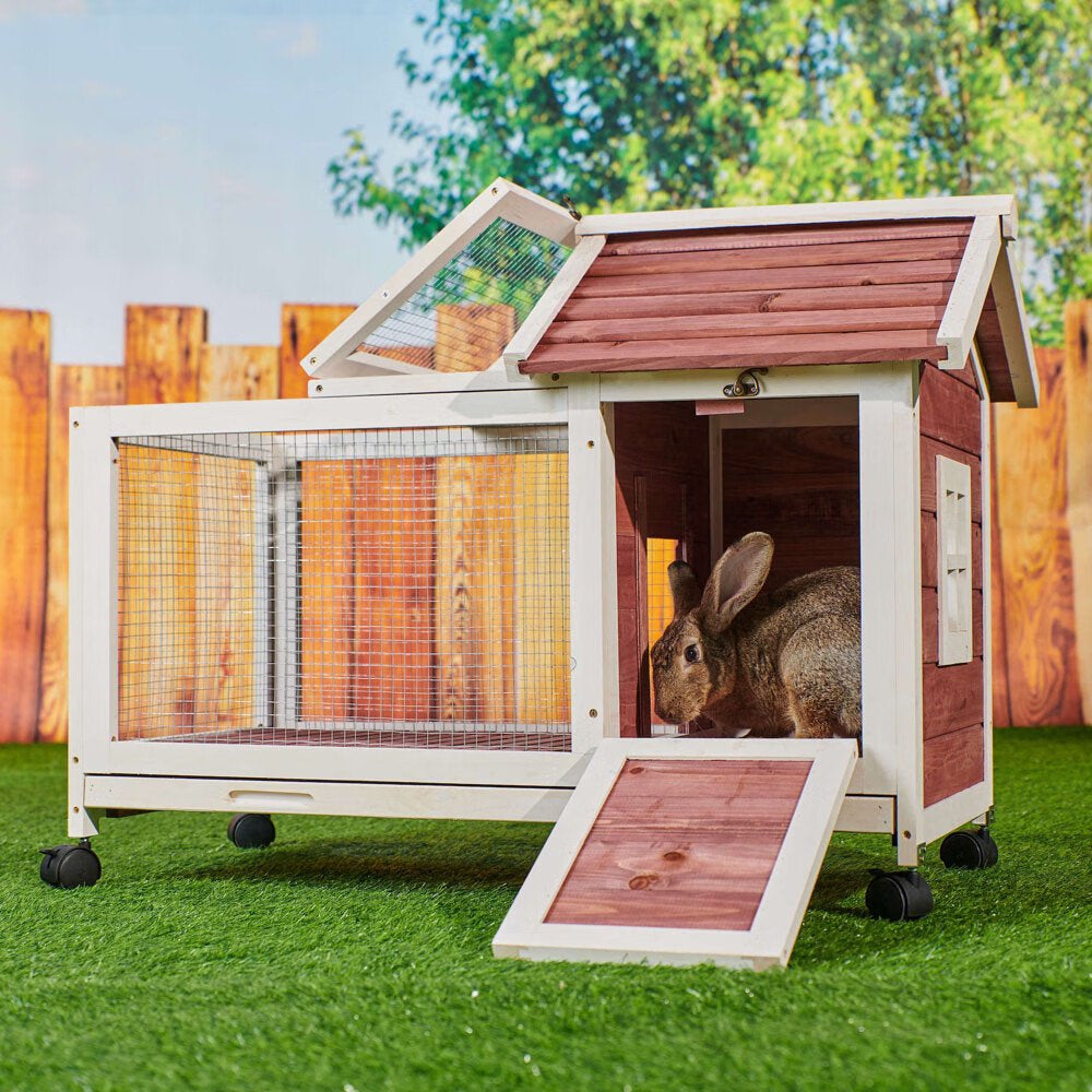 Fchunhe 40" Indoor Outdoor Rabbit Hutch with Wheels,Small Animal Houses & Habitats, Bunny Cage with Removable Tray, Single Level Guinea Pig Hamster Hutch Animals & Pet Supplies > Pet Supplies > Small Animal Supplies > Small Animal Habitats & Cages Fchunhe   