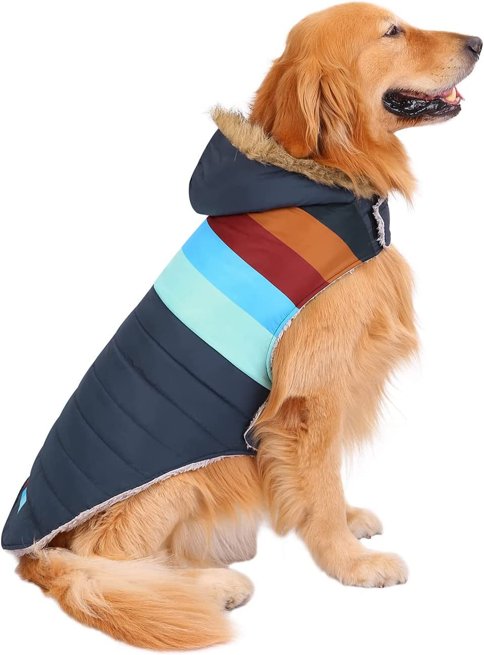 HDE Dog Puffer Jacket Fleece Lined Warm Dog Parka Winter Coat with Harness Hole Navy Retro Stripe - L Animals & Pet Supplies > Pet Supplies > Dog Supplies > Dog Apparel HDE Navy Retro Stripe Large 