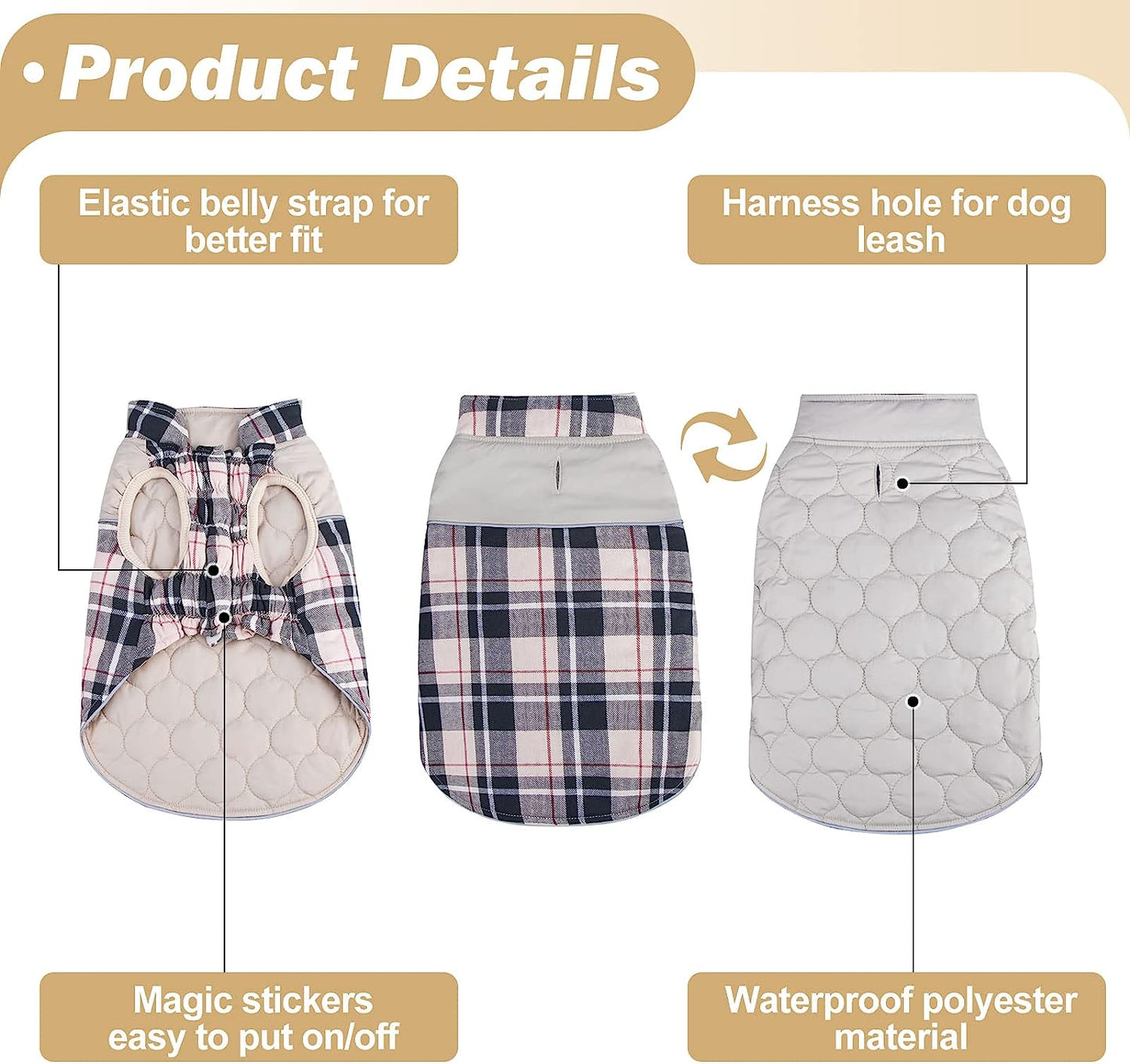 BEAUTYZOO Reflective Dog Winter Coat,Reversible British Style Plaid Dog Vest Windproof Waterproof Dog Jacket Clothes for Small Medium Large Dogs, Pet Apparel Girl or Boy Outfits, Beige L Animals & Pet Supplies > Pet Supplies > Dog Supplies > Dog Apparel BEAUTYZOO   
