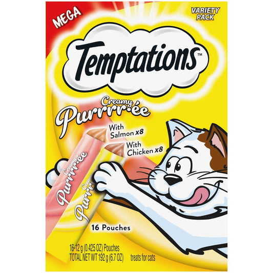 TEMPTATIONS Creamy Puree Salmon and Chicken Lickable Cat Treats Variety Pack, (16) 12G Pouches Animals & Pet Supplies > Pet Supplies > Cat Supplies > Cat Treats Mars Petcare   