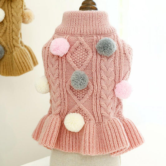 Dog Sweater Dress with Colorful Pom Pom Warm Knitwear Pullover Dog Skirt Puppy Princess Dress Apparel for Small Medium Dog and Cat Animals & Pet Supplies > Pet Supplies > Cat Supplies > Cat Apparel Popfeel XS Pink 