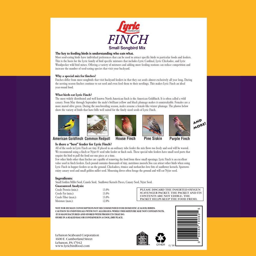 Lyric Finch Wild Bird Seed, Small Songbird Bird Finch Food, 5 Lb. Bag Animals & Pet Supplies > Pet Supplies > Bird Supplies > Bird Food Lebanon Seaboard Corporation   