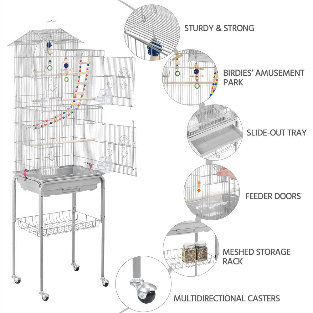 Easyfashion 62.4" Metal Bird Parrot Cage with Detachable Stand, Light Gray Animals & Pet Supplies > Pet Supplies > Bird Supplies > Bird Cages & Stands Easyfashion   