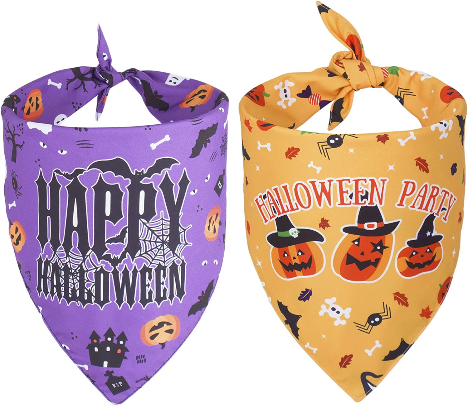 ADOGGYGO 2 Pack Halloween Dog Bandanas, Reversible Triangle Dog Scarf Accessories Halloween Bandanas for Small Medium Large Dogs Pets (Purple) Animals & Pet Supplies > Pet Supplies > Dog Supplies > Dog Apparel ADOGGYGO Purple & Yellow  