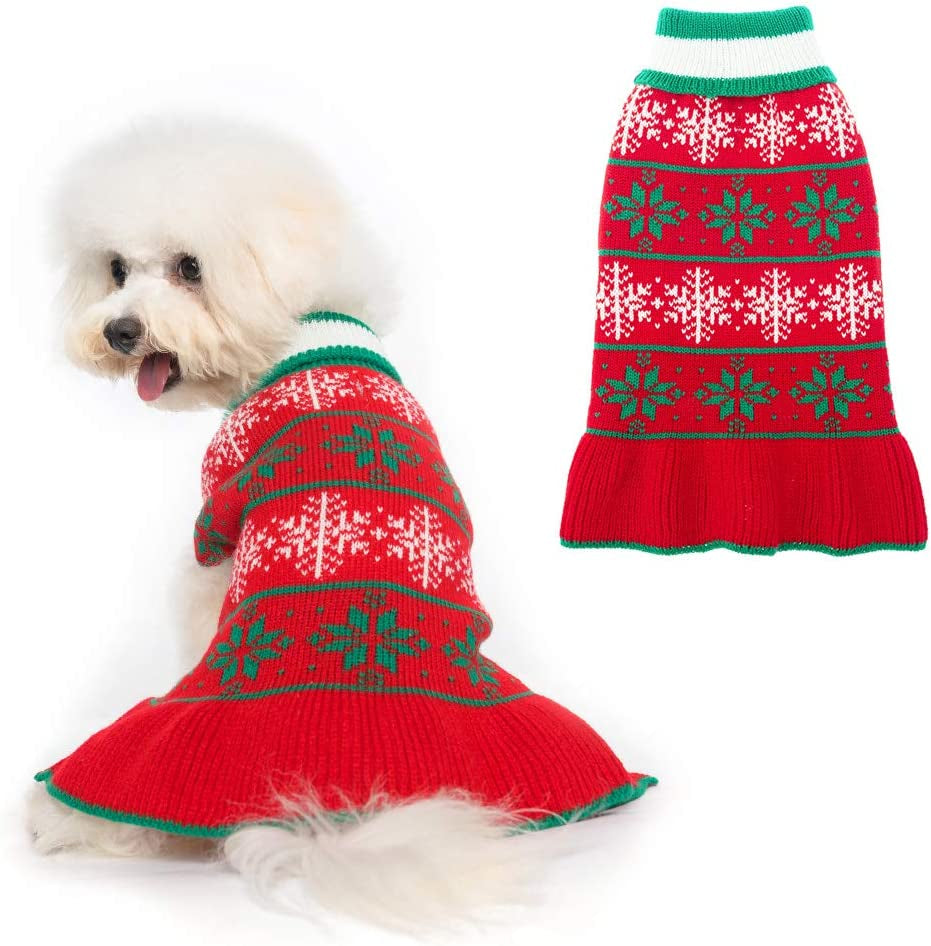 PAWCHIE Dog Sweater - Warm and Soft Winter Knitted Turtleneck Red New Year Rhombus and Snowflake Patterns Cold Weather Dog Coat, Holiday Pet Sweaters for Small Medium Large Dogs Animals & Pet Supplies > Pet Supplies > Dog Supplies > Dog Apparel PAWCHIE Sweater Dress Small 