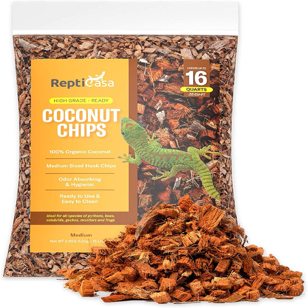 Repticasa Organic Coconut Chips Substrate Clean & Ready to Use for Reptiles, Snakes, Tortoise, and Amphibians, Natural Fiber Free Husks, Clean Breeding and Bedding Flooring, Odor Absorbing - 16 Quarts