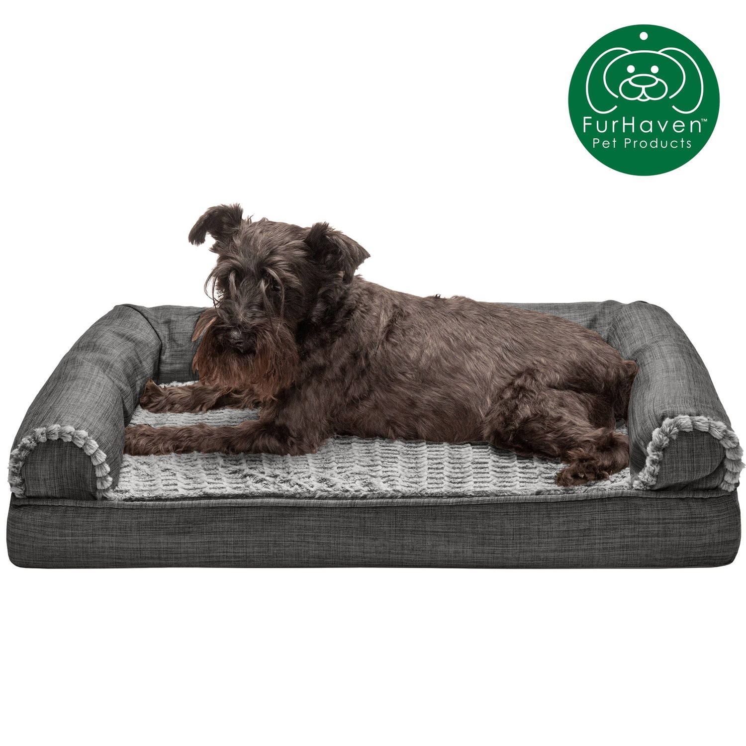 Furhaven Pet Products Cooling Gel Memory Foam Orthopedic Luxe Fur & Performance Linen Sofa-Style Couch Pet Bed for Dogs & Cats, Woodsmoke, Jumbo Animals & Pet Supplies > Pet Supplies > Cat Supplies > Cat Beds FurHaven Pet Cooling Gel Foam M Charcoal