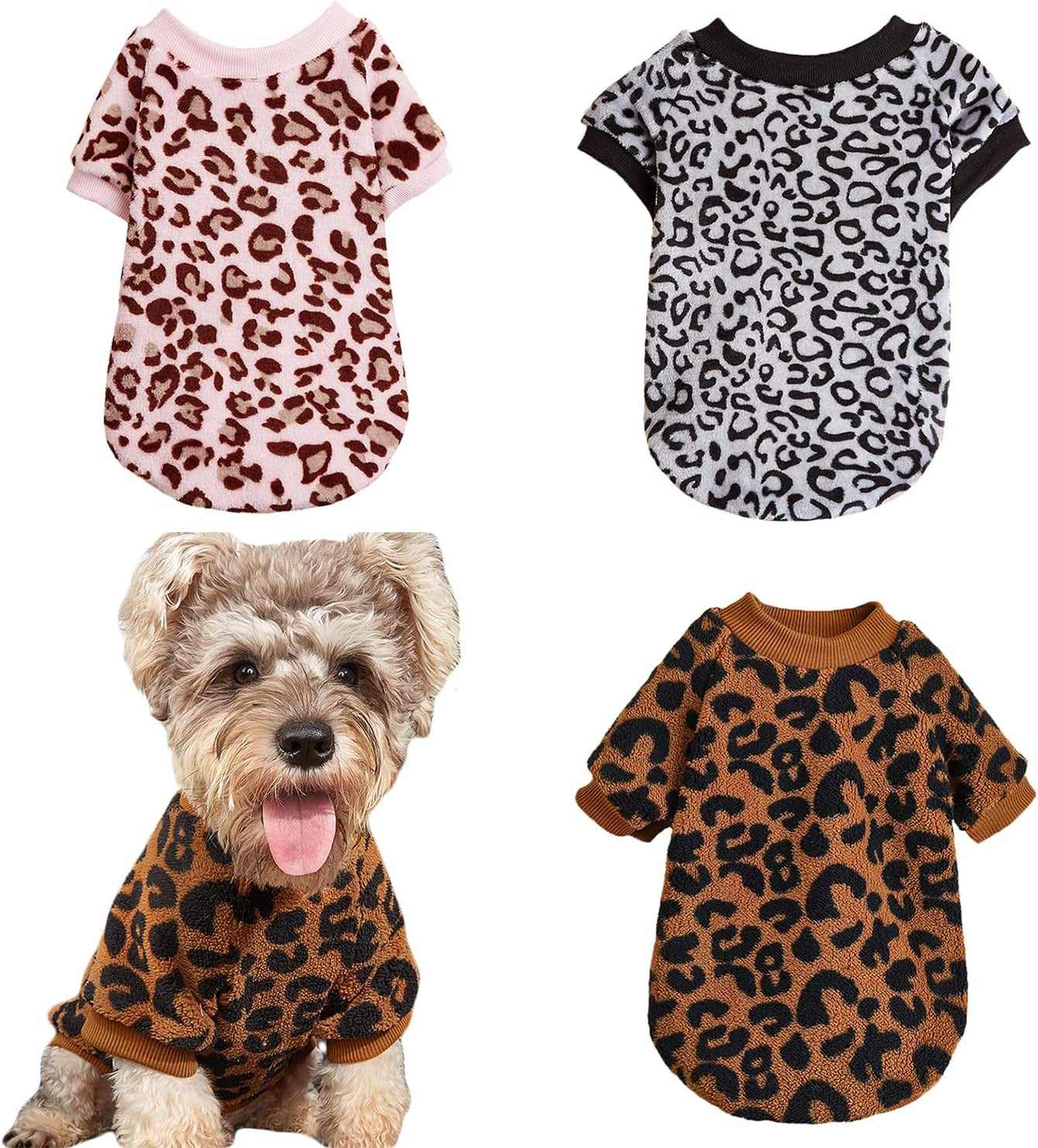 Moorfowl 2 Pack Gradient Dog Plush Sweater for Small Dogs Warm Soft Cat Fleece Pullover Sweater Winter Thickening Coat Sweatshirt Puppy Clothes for Cold Weather (Small(Back 9.8",Chest 13.7")) Animals & Pet Supplies > Pet Supplies > Dog Supplies > Dog Apparel Moorfowl Leopard 3 pack Small(Back 9.8",Chest 13.7") 