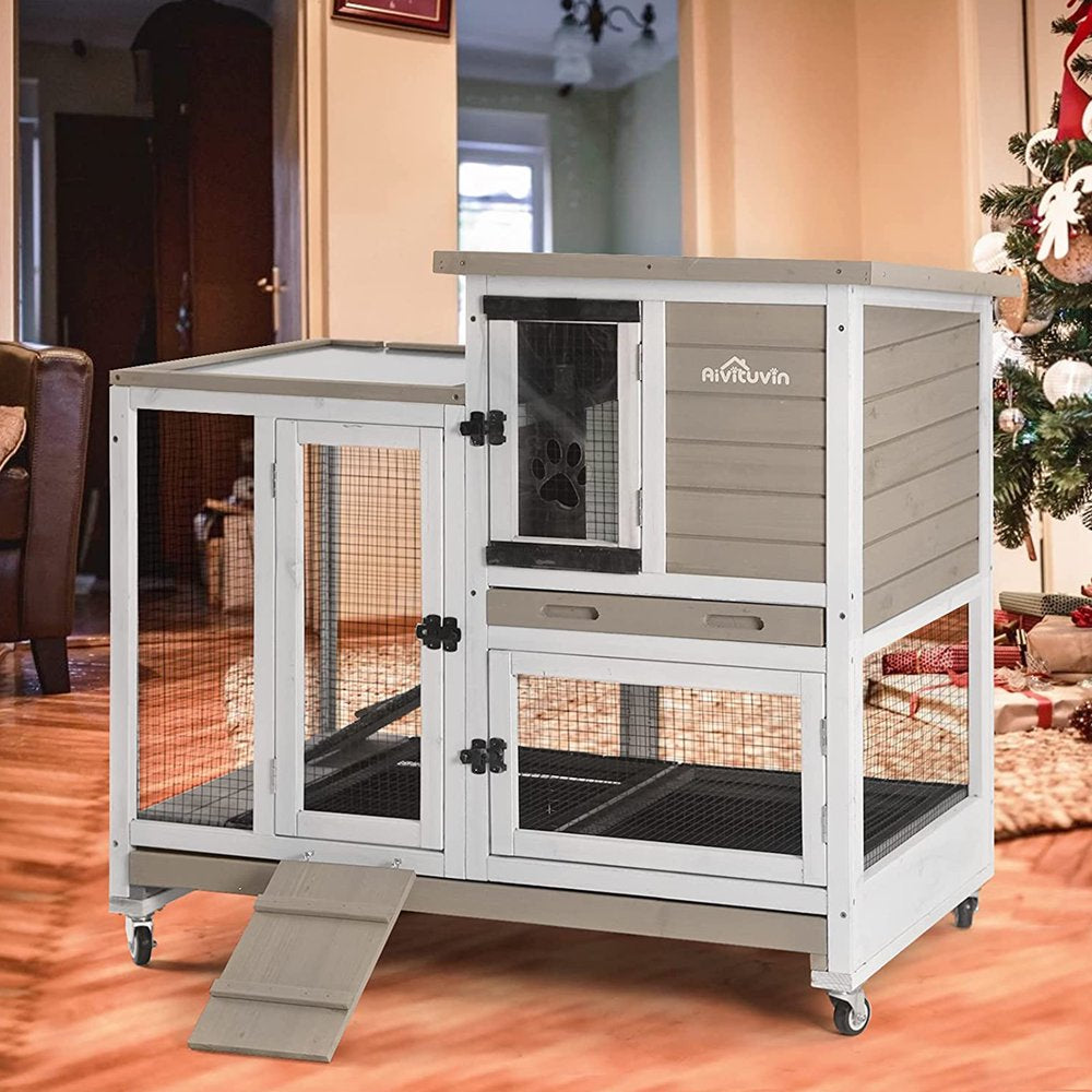 Morgete Wooden Rabbit Hutch with Two Slide Tray Outdoor Bunny Cage Indoor Guinea Pig Habitat Pet House for Small Animals - Mocca Animals & Pet Supplies > Pet Supplies > Small Animal Supplies > Small Animal Habitats & Cages Morgete Inc   