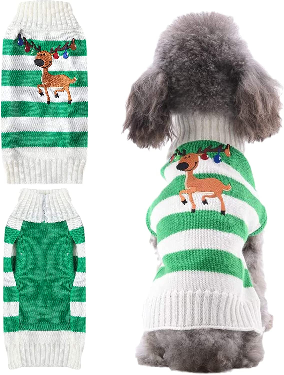 TENGZHI Dog Christmas Sweater Ugly Xmas Puppy Clothes Costume Warm Knitted Cat Outfit Jumper Cute Reindeer Pet Clothing for Small Medium Large Dogs Cats（S,Black） Animals & Pet Supplies > Pet Supplies > Dog Supplies > Dog Apparel Yi Wu Shi Teng Zhi Dian Zi Shang Wu You Xian Gong Si Green Bell Reindeer Medium 