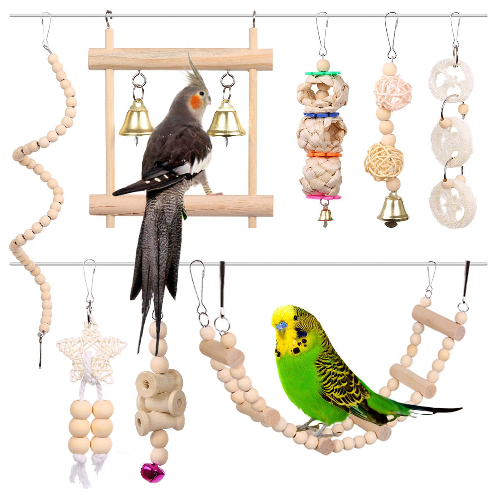 QBLEEV 8 Pcs Bird Toys, Parrot Chewing Toys Cage Hanging Swing with Bells, Pet Wooden Perch Hammock for Budgies Parakeets Conures Love Birds Cockatiel Finches Animals & Pet Supplies > Pet Supplies > Bird Supplies > Bird Toys QBLEEV   