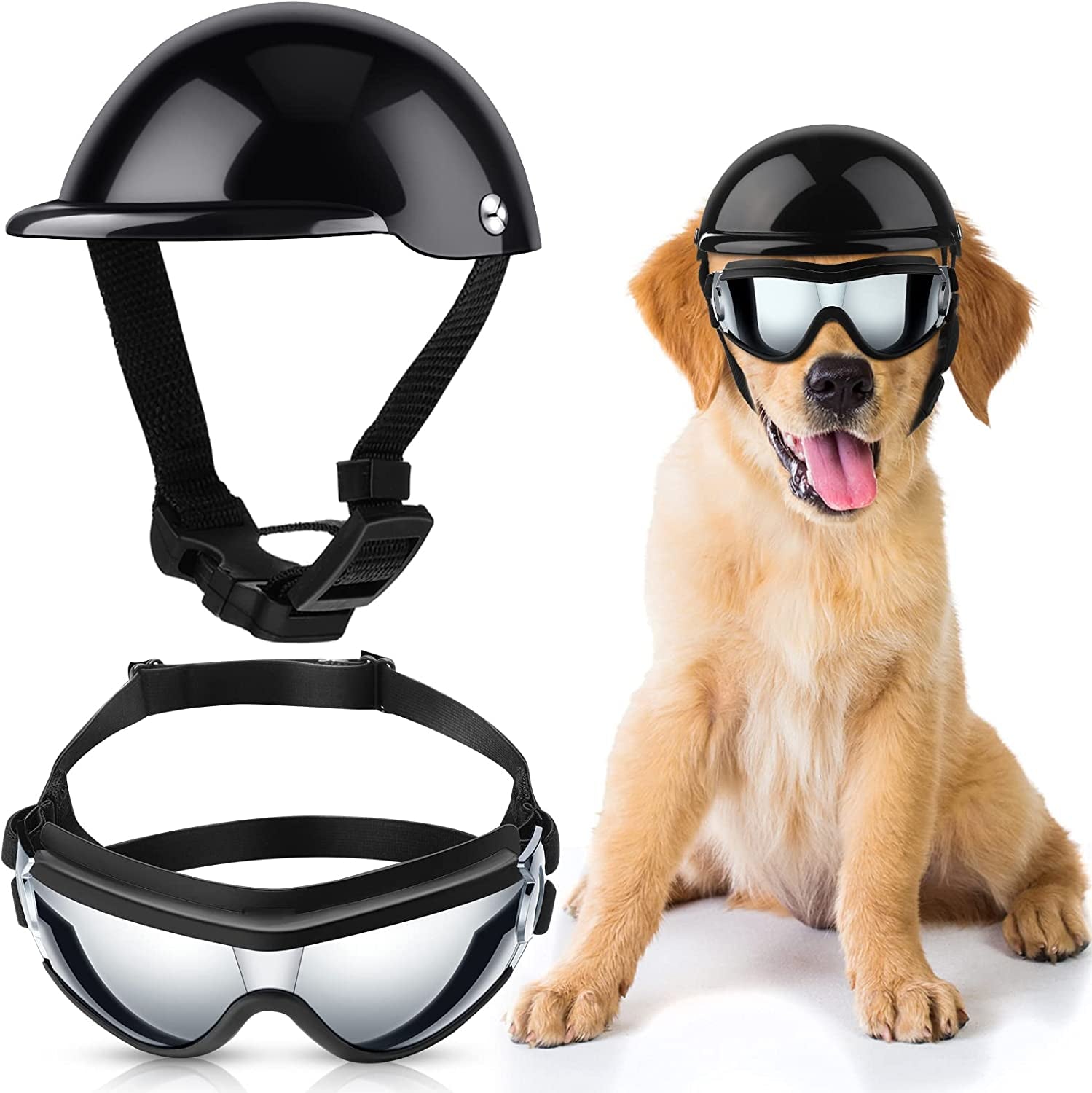 2 Pcs Dog Sunglasses and Pet Helmet Set with Dog Goggles, Dust Wind UV Protection Dog Glasses Dog Helmet and Goggles Adjustable Dog Motorcycle Helmet Bike Hat for Medium or Large Pet Dog(Cool Style) Animals & Pet Supplies > Pet Supplies > Dog Supplies > Dog Apparel Potchen Cool Style  