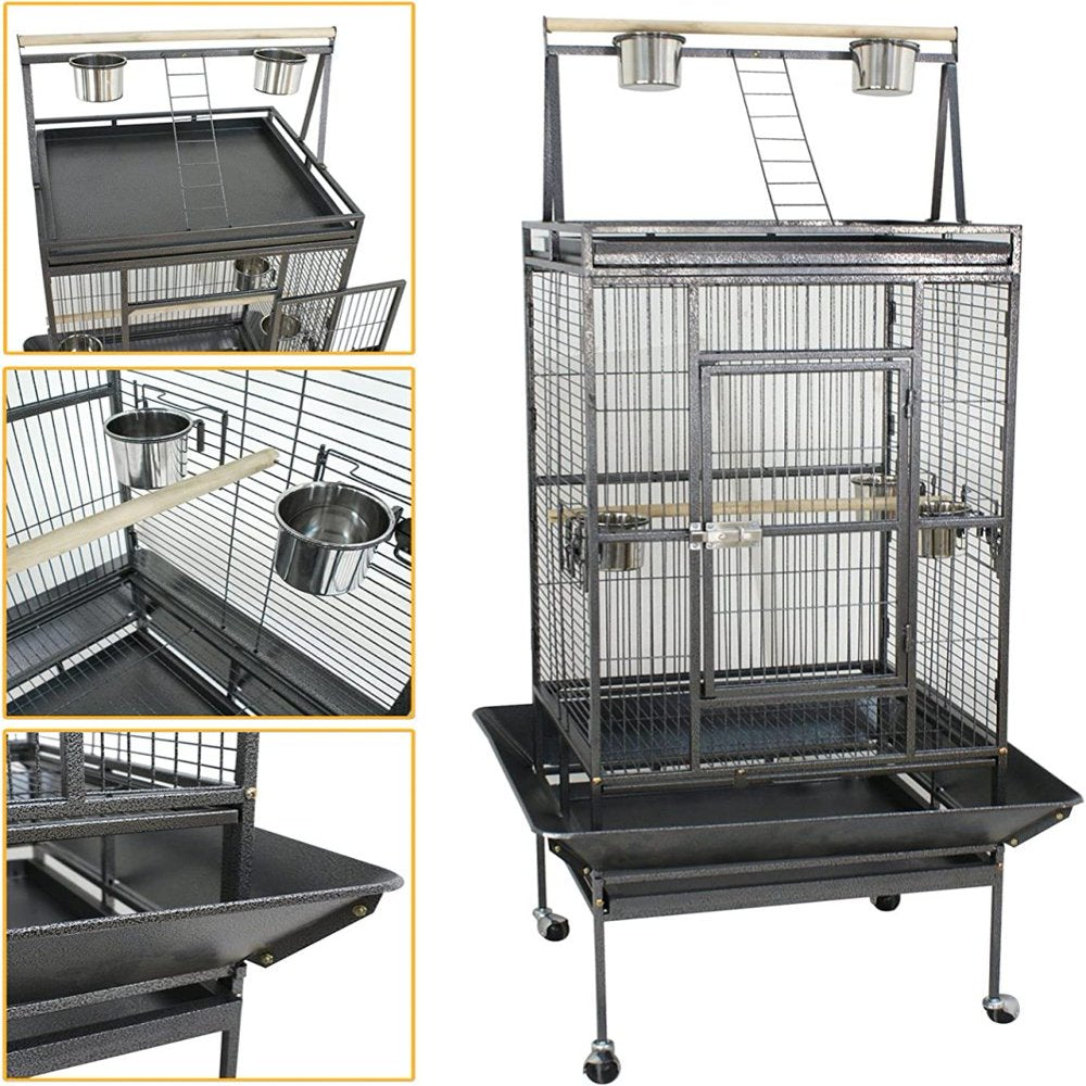 SUPER DEAL PRO 68’’ 2In1 Large Bird Cage with Rolling Stand Parrot Chinchilla Finch Cage Macaw Conure Cockatiel Cockatoo Pet House Wrought Iron Birdcage, Black Animals & Pet Supplies > Pet Supplies > Bird Supplies > Bird Cages & Stands Vonluxe Zone   