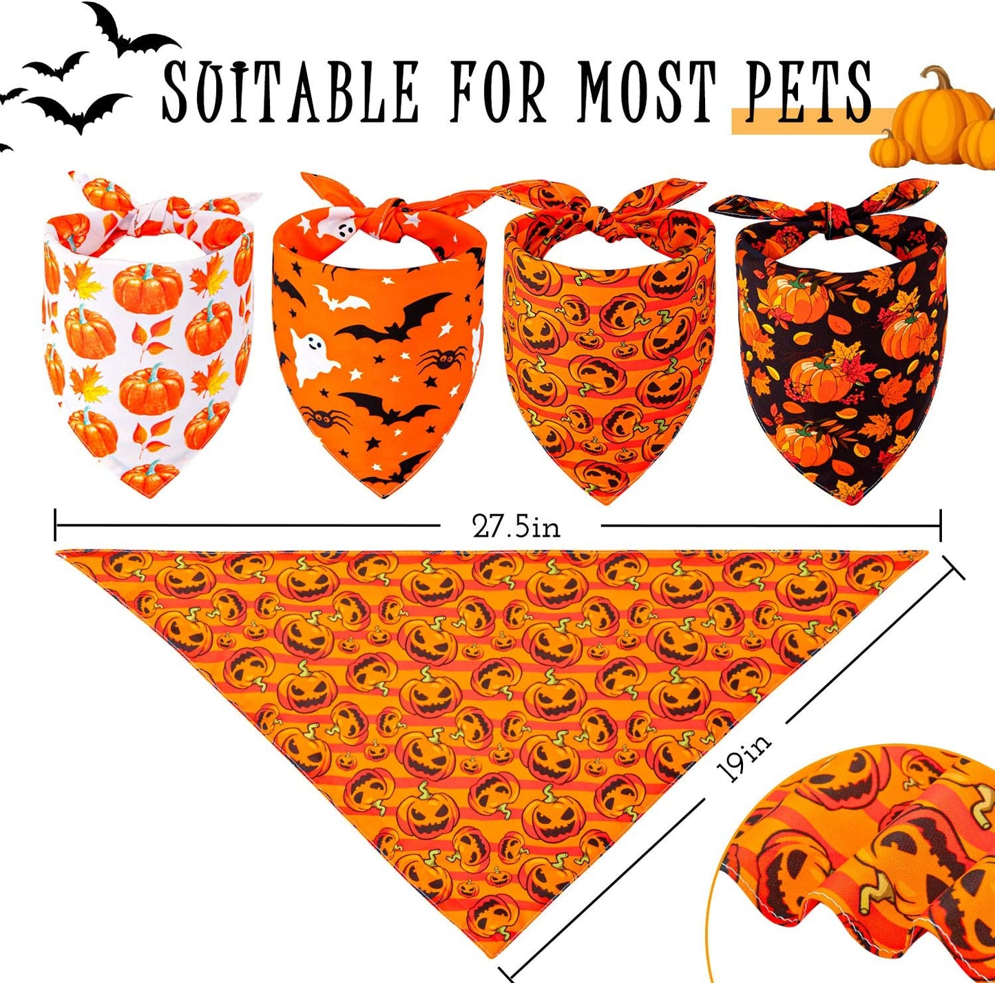 Whaline 4 Pack Autumn Dog Bandanas Reversible Halloween Fall Triangle Bibs Pumpkin Ghost Bat Pet Scarf Washable Cotton Pet Neckerchief for Medium Large Pets Cats Dogs Animals & Pet Supplies > Pet Supplies > Dog Supplies > Dog Apparel Whaline   