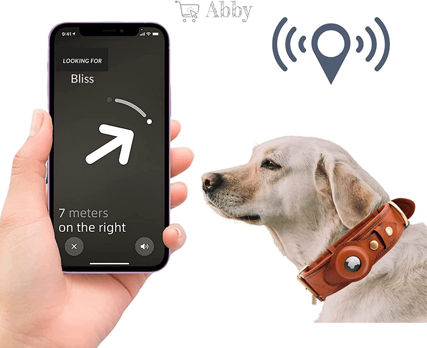ABBY Abby’S Apple Airtag Dog Collar for Your Pet, Leather - GPS Tracking (Medium, Black) Width 1.57 Inch, Neck 16.5 Inch - 23.6 Inch