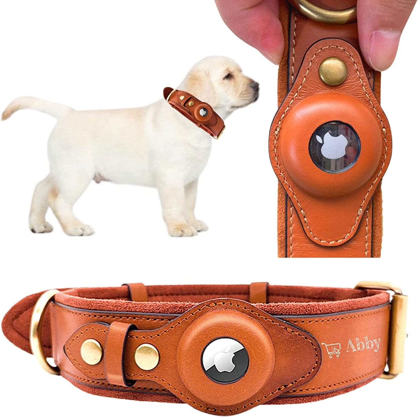 ABBY Abby’S Apple Airtag Dog Collar for Your Pet, Leather - GPS Tracking (Medium, Black) Width 1.57 Inch, Neck 16.5 Inch - 23.6 Inch Electronics > GPS Accessories > GPS Cases ABBY Brown X-Small 