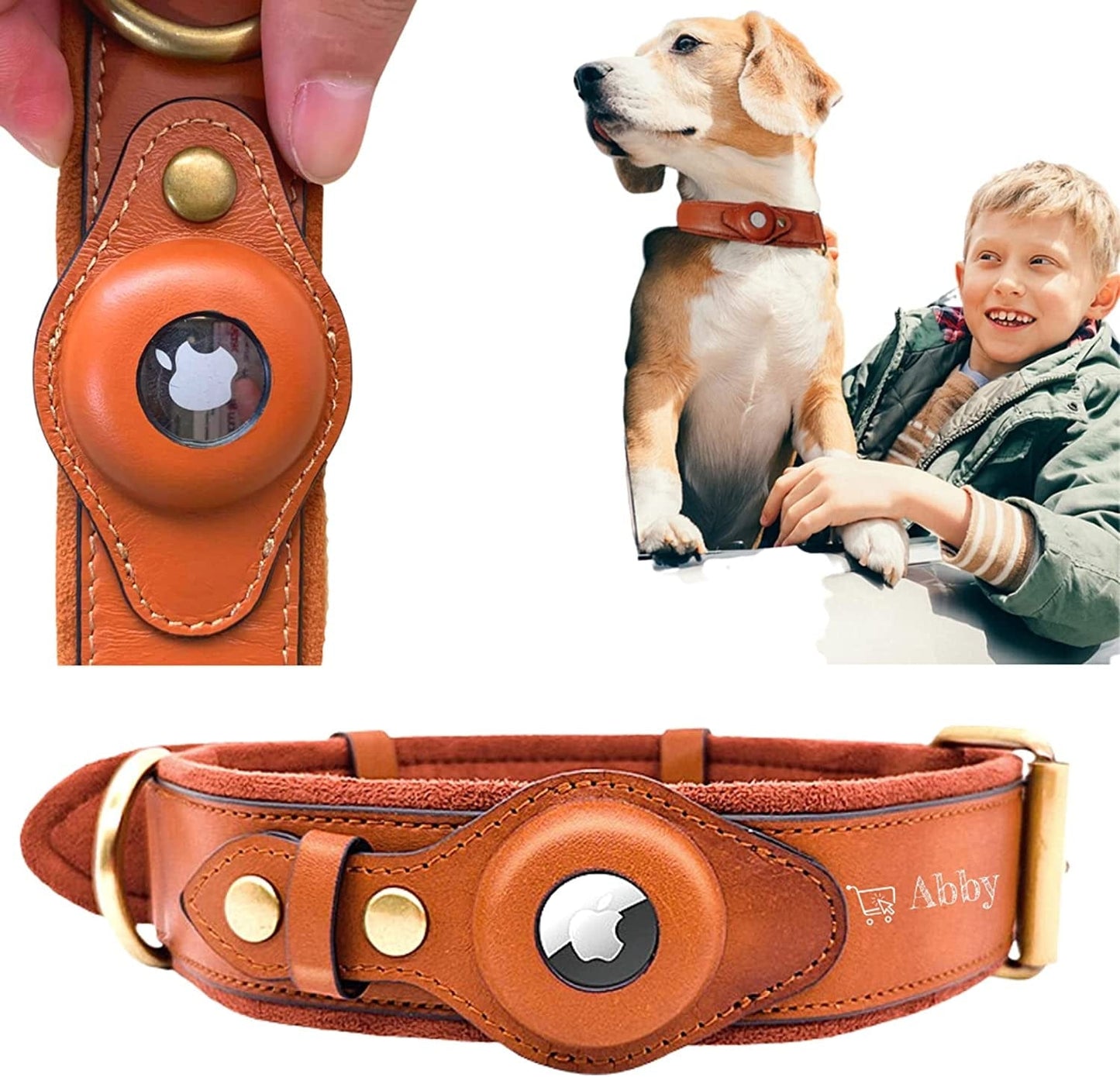 ABBY Abby’S Apple Airtag Dog Collar for Your Pet, Leather - GPS Tracking (Medium, Black) Width 1.57 Inch, Neck 16.5 Inch - 23.6 Inch Electronics > GPS Accessories > GPS Cases ABBY Brown Small 