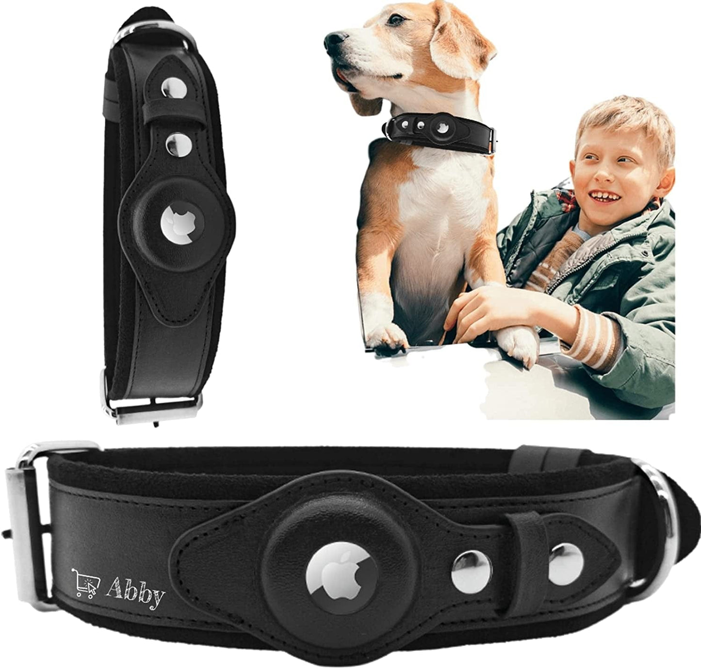 ABBY Abby’S Apple Airtag Dog Collar for Your Pet, Leather - GPS Tracking (Medium, Black) Width 1.57 Inch, Neck 16.5 Inch - 23.6 Inch