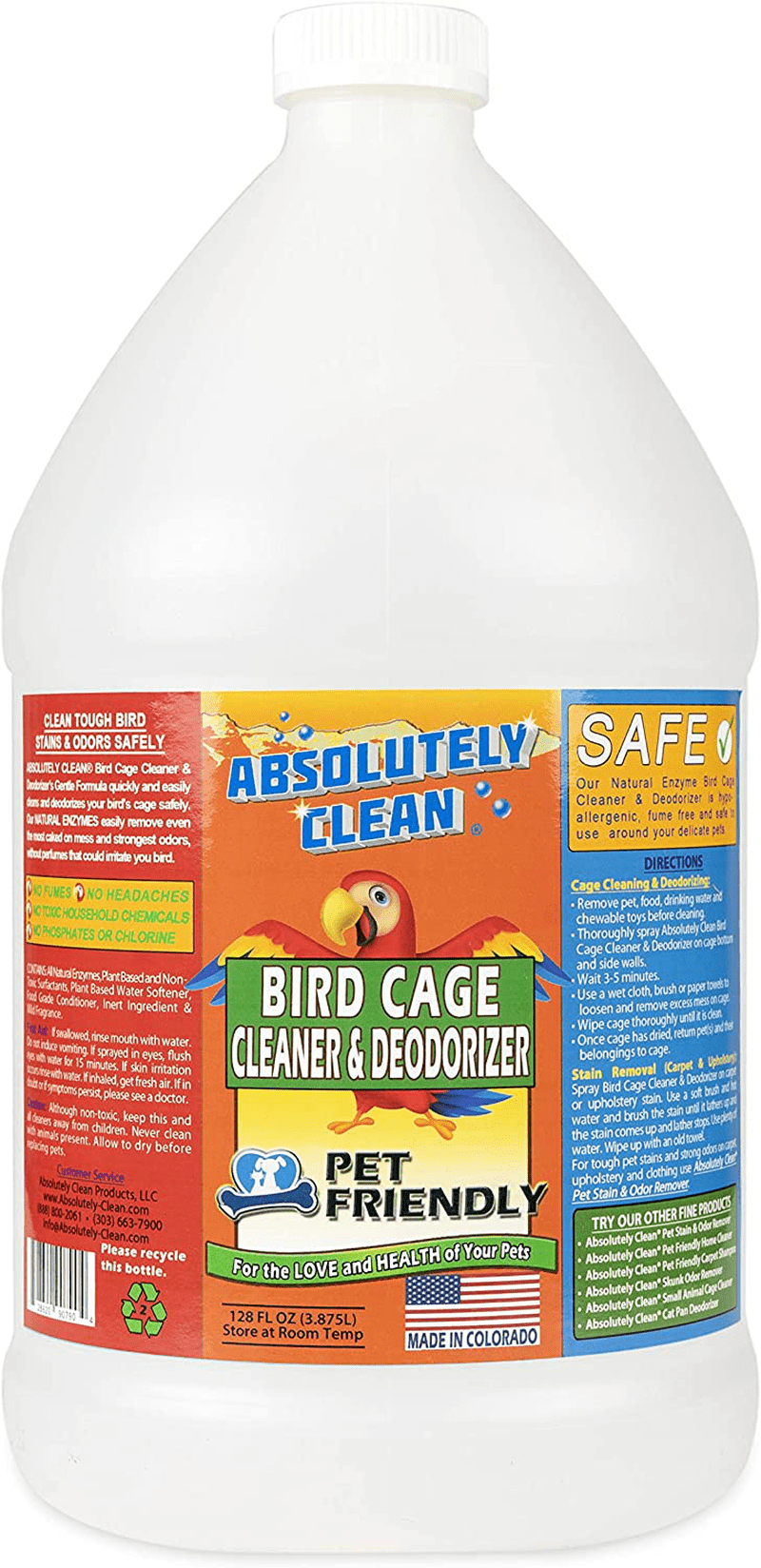 Absolutely Clean Amazing Bird Cage Cleaner and Deodorizer - Just Spray/Wipe - Safely & Easily Removes Bird Messes Quickly and Easily - Made in the USA Animals & Pet Supplies > Pet Supplies > Bird Supplies > Bird Cage Accessories Absolutely Clean 128 oz Gallon  