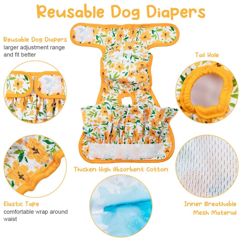 ABUKY Washable Female Dog Diapers (3 Pack) - Reusable Dog Diapers for Female Dogs - Highly Absorbent Dog Dresses for Dogs in Period,Heat or Excitable Urination