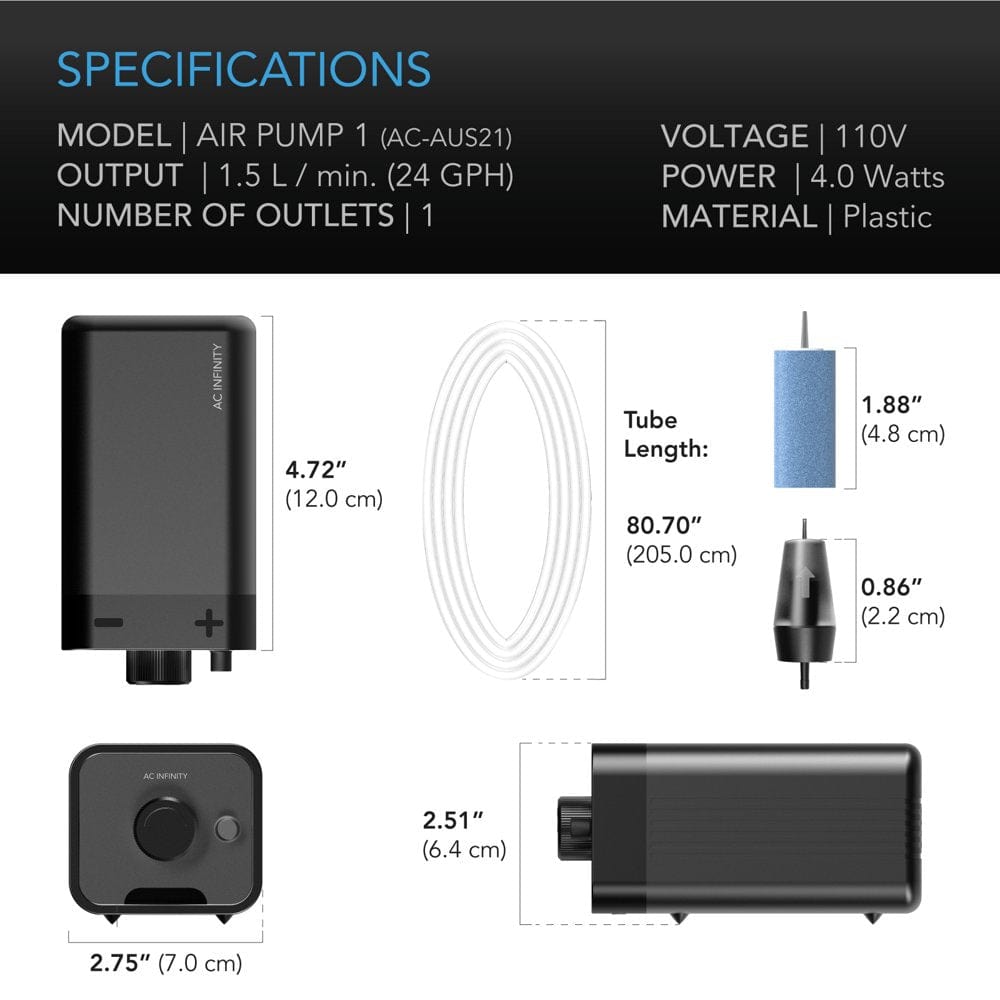 AC Infinity Air Pump 24 GPH (1.5 L/M), One-Outlet Adjustable Oxygen Pump Kit with Tubing, Check Valve, and Air Stone, for Aquariums, Ponds, and Hydroponics Systems Animals & Pet Supplies > Pet Supplies > Fish Supplies > Aquarium & Pond Tubing AC Infinity   