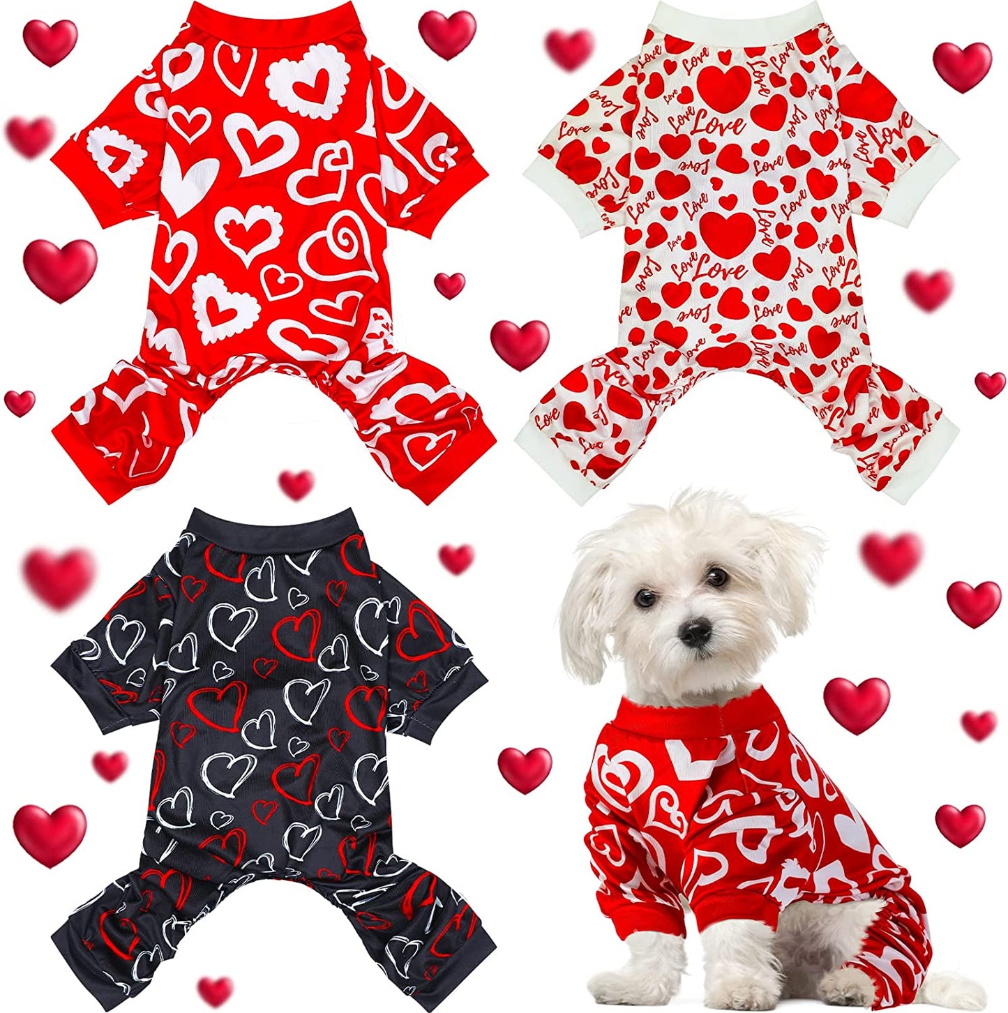 3 Pieces Valentines Day Pajamas Dog Onesies Dog Jumpsuits Dog Birthday Costume Heart Pattern Dog Clothes Dog Cartoon Apparel for Pet Puppy Dog Cat(S(Fit 3.3-5.5Lbs)) Animals & Pet Supplies > Pet Supplies > Dog Supplies > Dog Apparel Weewooday S(fit 3.3-5.5lbs)  