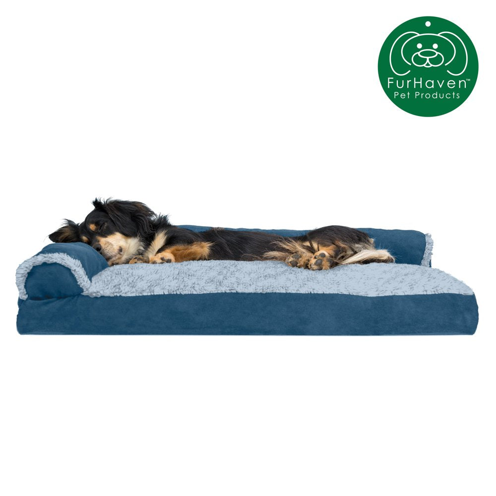 Furhaven Pet Products | Faux Fur & Suede Chaise Lounge Pillow Sofa-Style Pet Bed for Dogs & Cats, Espresso, Jumbo Animals & Pet Supplies > Pet Supplies > Cat Supplies > Cat Beds FurHaven Pet M Marine Blue 