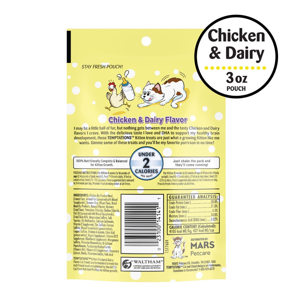 TEMPTATIONS Chicken and Dairy Flavor Crunchy and Soft Kitten Treats, 3 Oz. Animals & Pet Supplies > Pet Supplies > Cat Supplies > Cat Treats Mars Petcare   