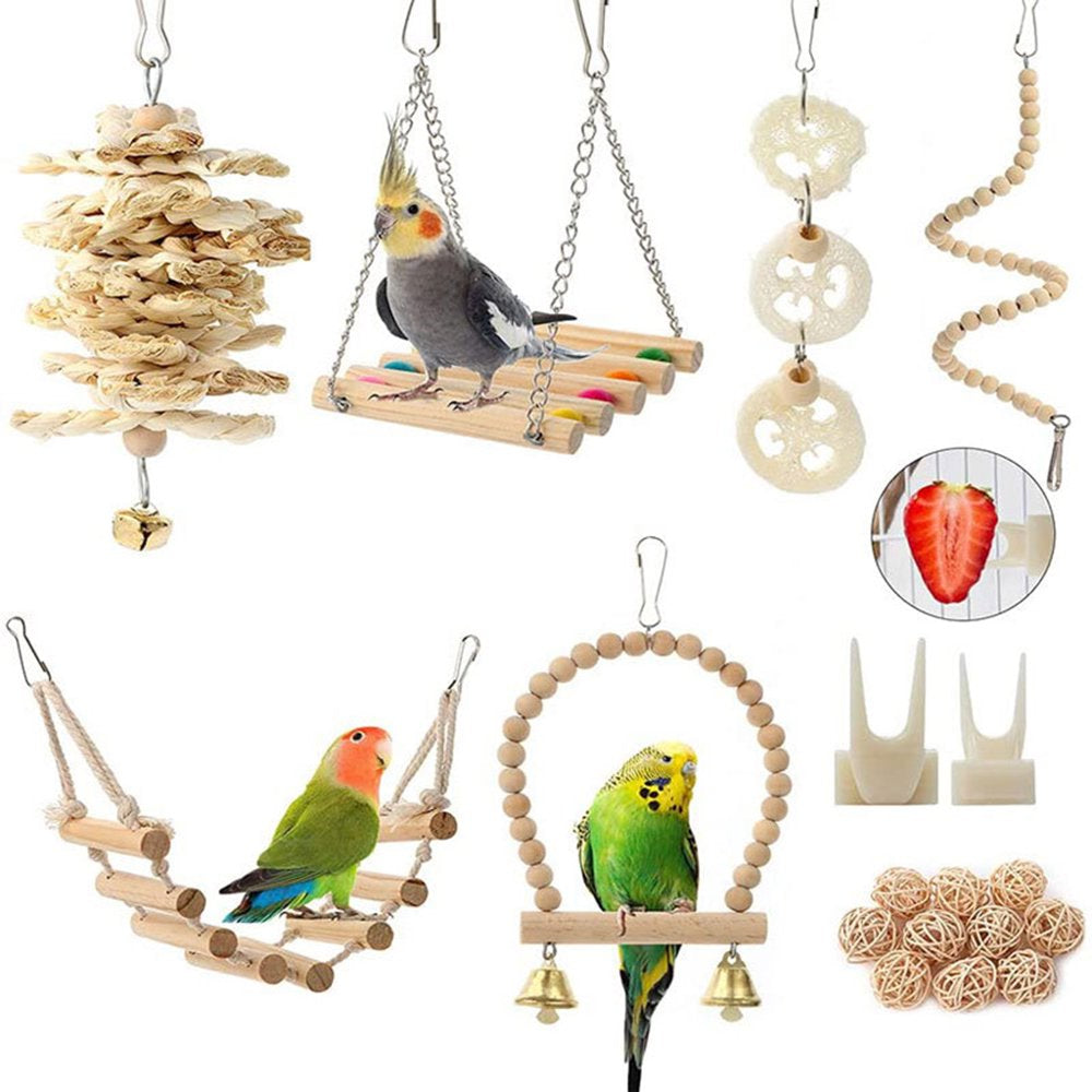 BYDOT 18-Piece Bird Training Toys Parrot Chew Toy Safe Material Swing Perch Ladder Hammock for Budgie Parakeet Cockatiel Macaw Animals & Pet Supplies > Pet Supplies > Bird Supplies > Bird Ladders & Perches BYDOT   